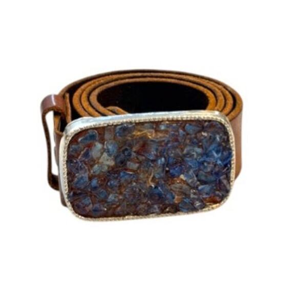 USA Made Stone Inlay Buckle Leather Belt Size 32 Brown 32-38 Western Boho main image 7